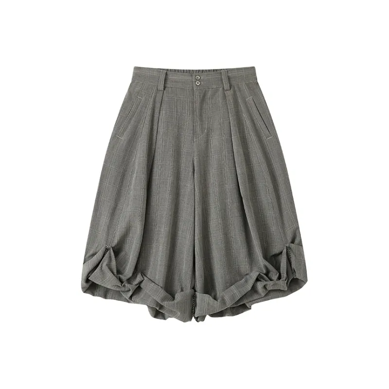 WULISHAONIAN Folded Silhouette Pleated Checkered A Line Cropped Pants Unisex-0