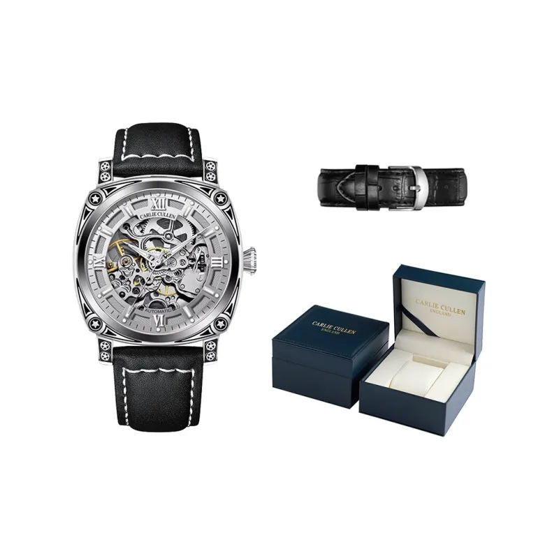 CARLIECULLEN Automatic Mechanical Movement Genuine Leather Strap Watch Men's Watches Gray Dial-7