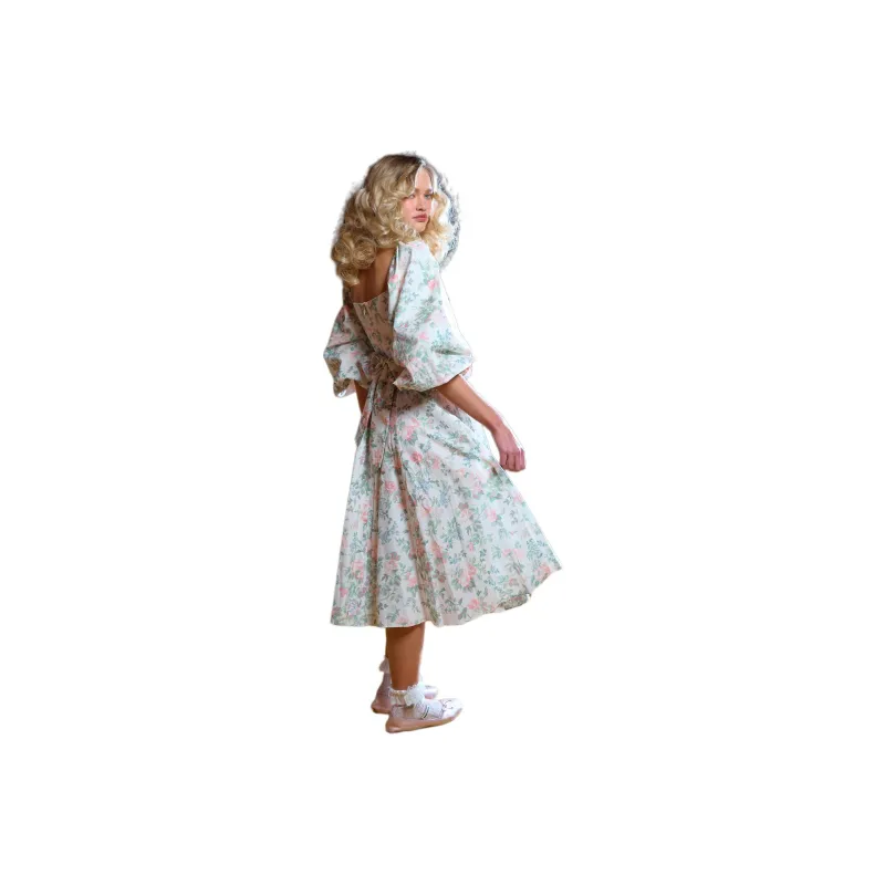 Selkie Collection FW23 Long Sleeved Dress Women's Light Apricot Base With Green Leaf Rose Print-3
