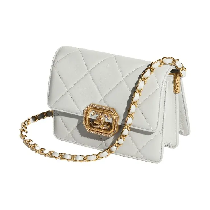 CHANEL Calfskin With Rhinestone Flap Bag, Crossbody Bag, Shoulder Bag Mini Women's Light Gray-1