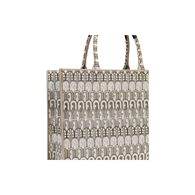 Furla Opportunity Jacquard Fabric Tote Bag Shopping Bag Shoulder Bag Handbag Large Size Women's Light Beige-2