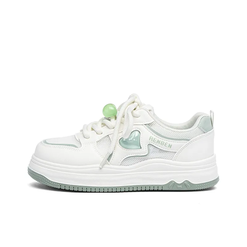 RENBEN Anti Slip Wear Resistant Low Top Skateboard Shoes Women's White Green-0