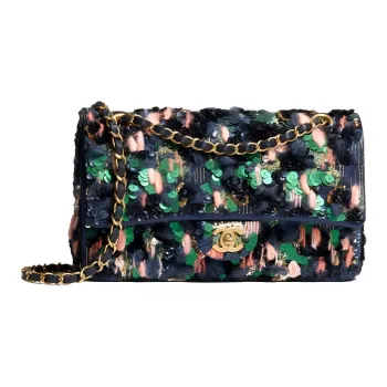 CHANEL Classic Flap CF Silk Satin Wool Sequins Shoulder Bag Crossbody Bag Women's Blue/Green/Pink