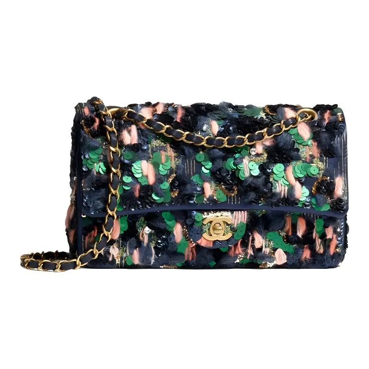 CHANEL Classic Flap CF Silk Satin Wool With Metallic Beads Shoulder Bag, Crossbody Bag Women's Blue/Green/Pink-0