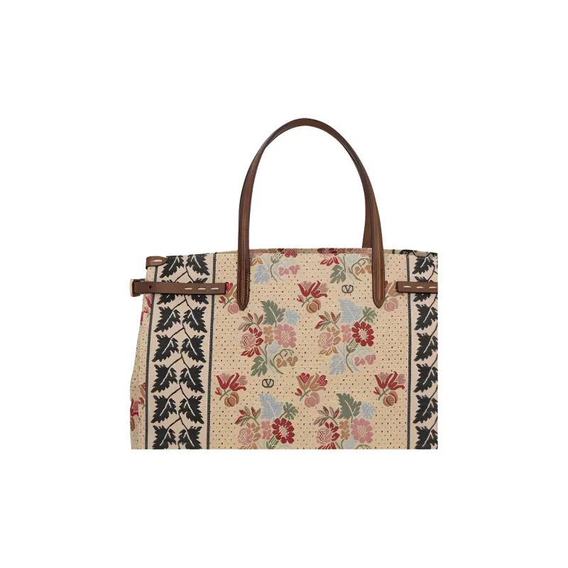 Valentino Cotton Tote Bag Shopping Bag Shoulder Bag Crossbody Bag Handbag Women's Khaki & Multicolor-4