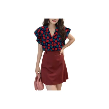 Wbwq Shirts Women's Blue With Red Floral