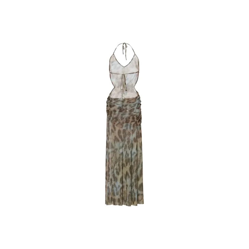 JYOSEI Slip Dresses Women's Blue Brown Leopard Print-1