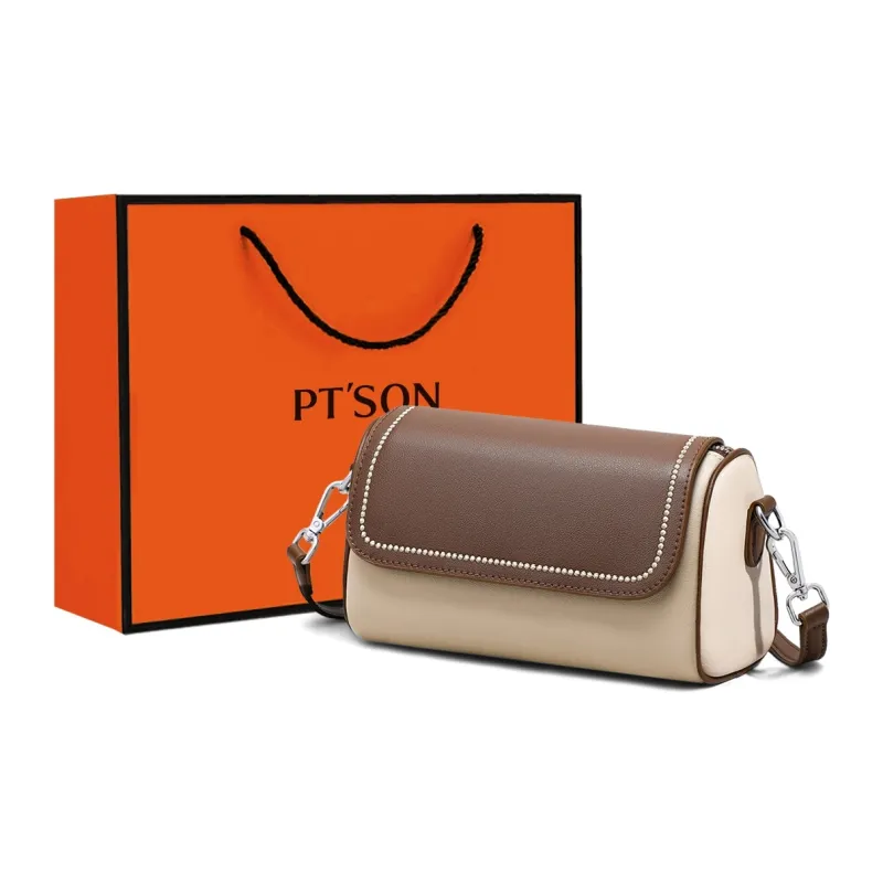 PT'SON Cow Leather Shoulder Bag, Crossbody Bag Regular Women's Ecru & Coffee-0