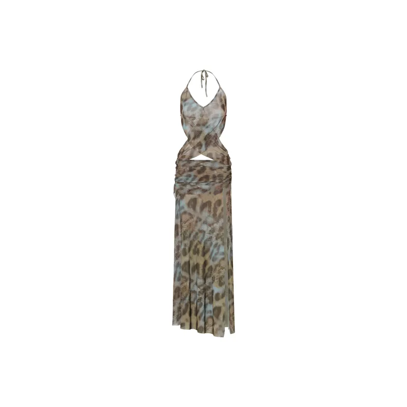 JYOSEI Slip Dresses Women's Blue Brown Leopard Print-0
