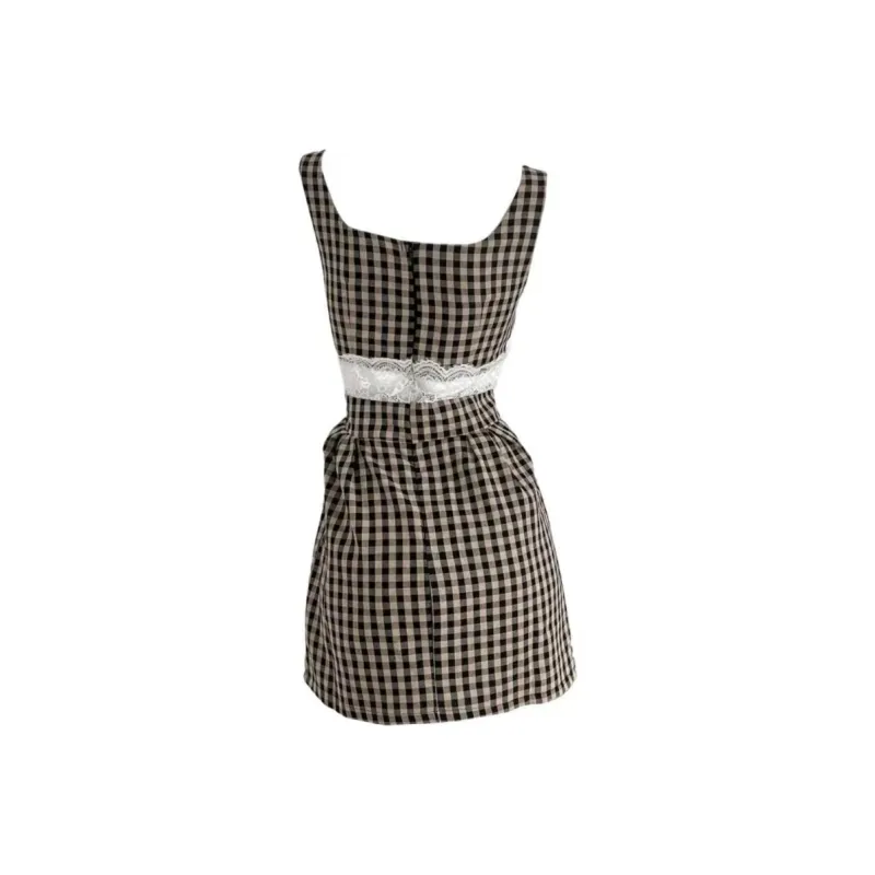 PZGE Slip Dresses Women's Coffee Plaid Patchwork Skirt-1