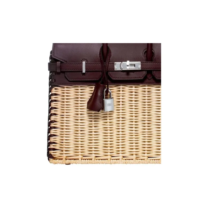 HERMES Birkin Wicker With Swift Cow Leather Birkin Bag Rattan Handbag Women's Beige & Black-2