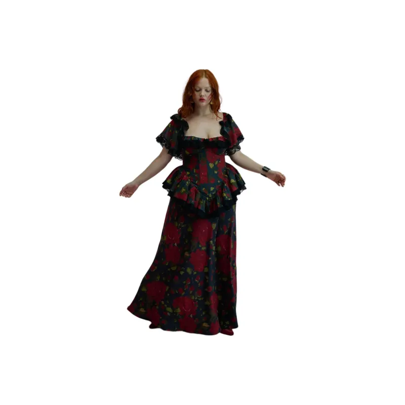 Selkie Collection SS25 Casual Long Skirts Women's Red Rose Print In The Black Night-1