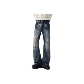 YICHEN Jeans Unisex Lightning Pattern Distressed Blue Cow[A Shape Micro Flare]