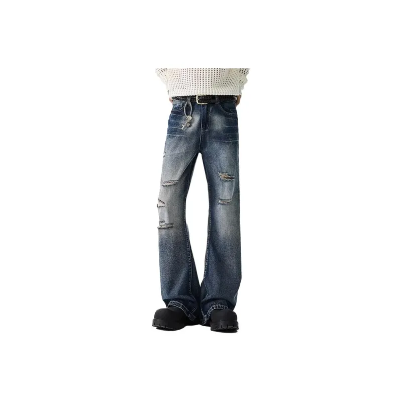 YICHEN Jeans Unisex Lightning Pattern Distressed Blue Cow[A Shape Micro Flare]-0
