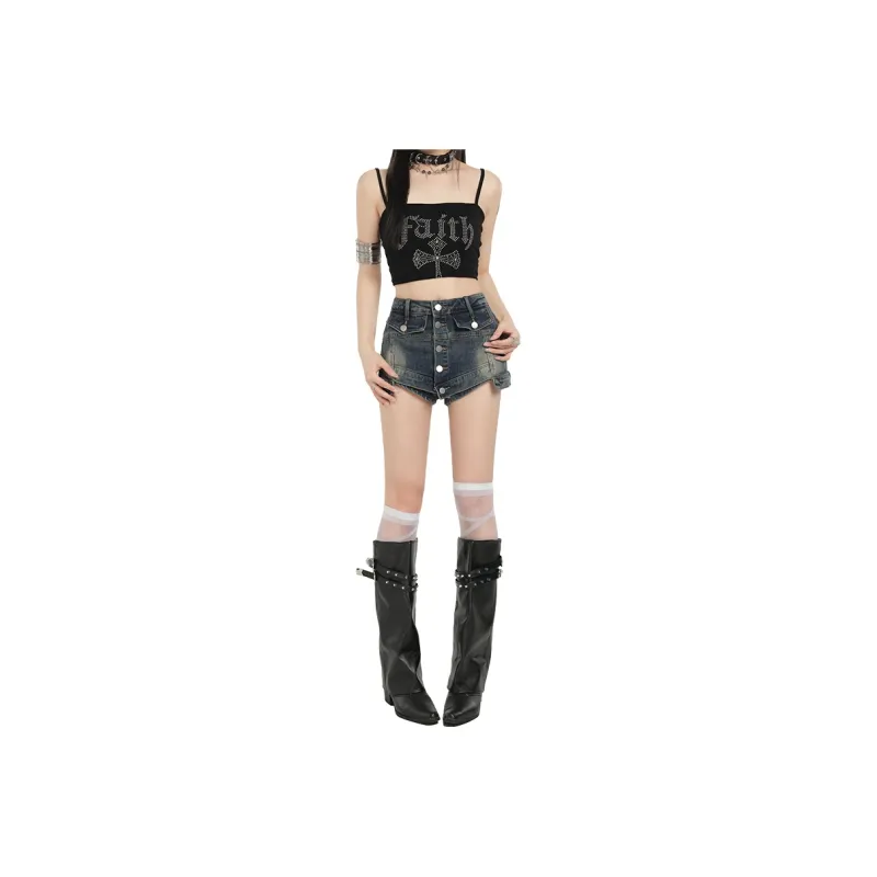 YINLEI Denim Shorts Women's Vintage Blue-0