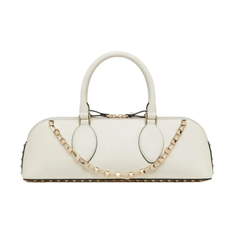 Valentino Rockstud Calfskin One Shoulder Handbag Women's Ecru-0