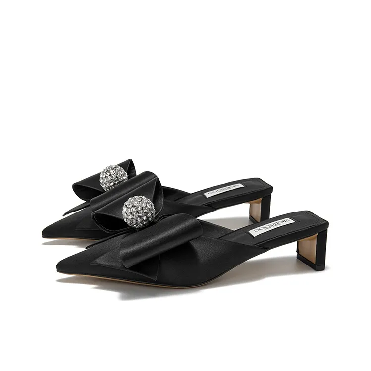 SHOESZOOO Rubber Sole Rhinestone Abrasion Resistant Slip Resistant Closed Toe High Heel Slippers Women's Black-1