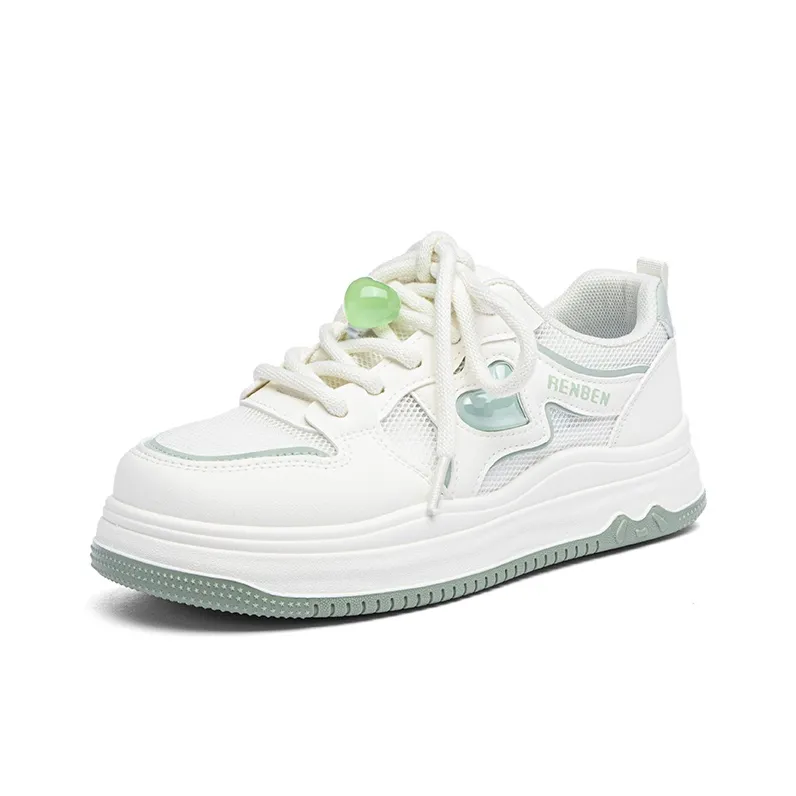 RENBEN Anti Slip Wear Resistant Low Top Skateboard Shoes Women's White Green-1