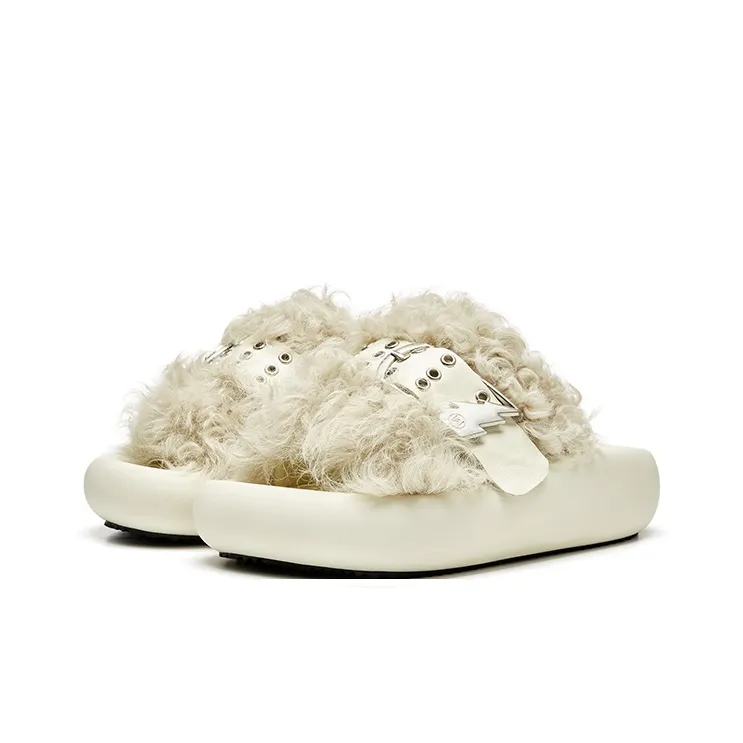 XMZY Initial Round Collection Leather Patchwork Abrasion Resistant Slide Slippers Women's-6
