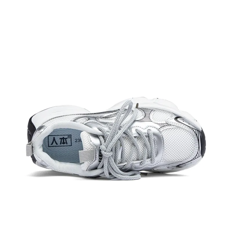 RENBEN Slip Resistant Breathable Abrasion Resistant Low Top Chunky Sneakers Women's Beige Silver-3