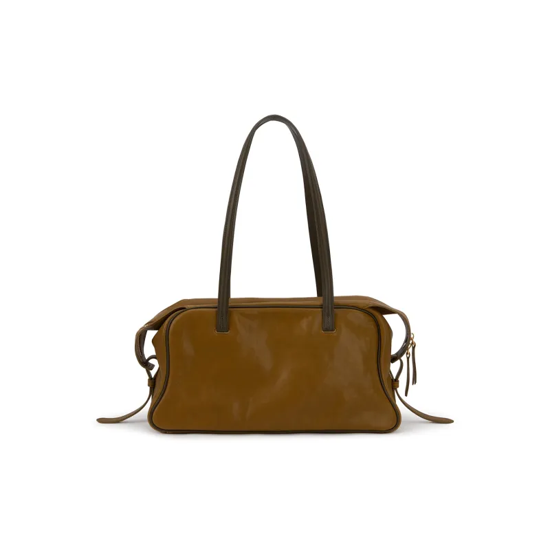 Clos Fog Wax Vegetable Tanned Top Grain Cow Leather Boston Bag, Shoulder Bag Medium Size Women's Apricot/Green-6