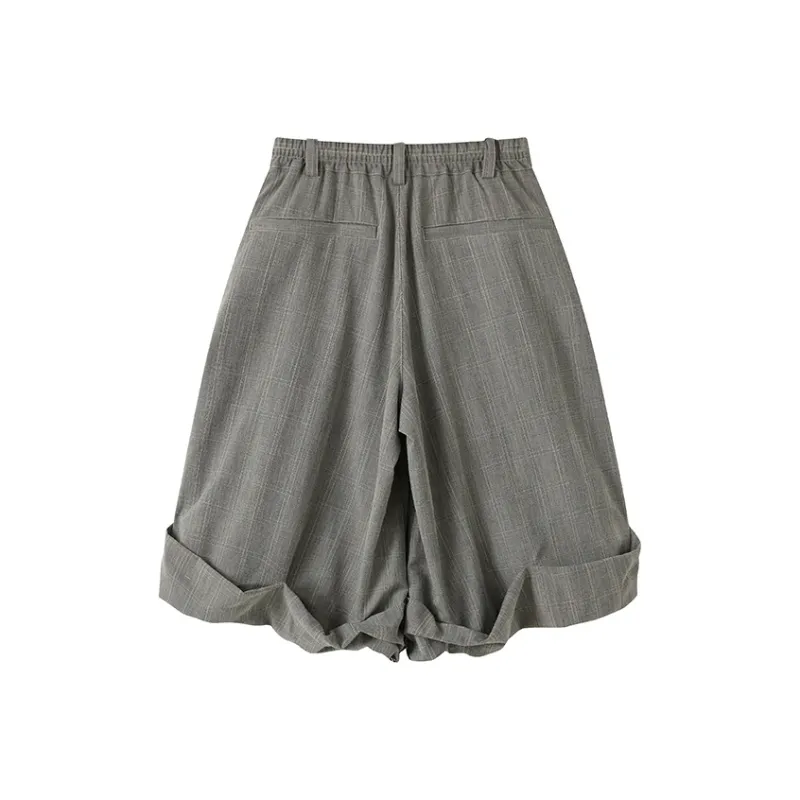 WULISHAONIAN Folded Silhouette Pleated Checkered A Line Cropped Pants Unisex-1