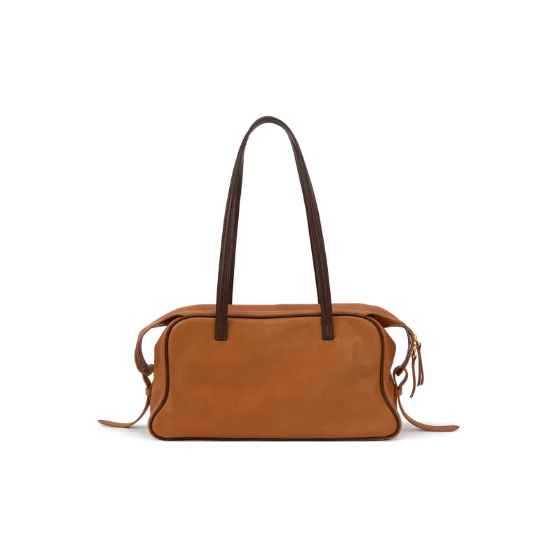 Clos Fog Wax Vegetable Tanned Top Grain Cow Leather Boston Bag, Shoulder Bag Medium Size Women's Apricot/Green-2