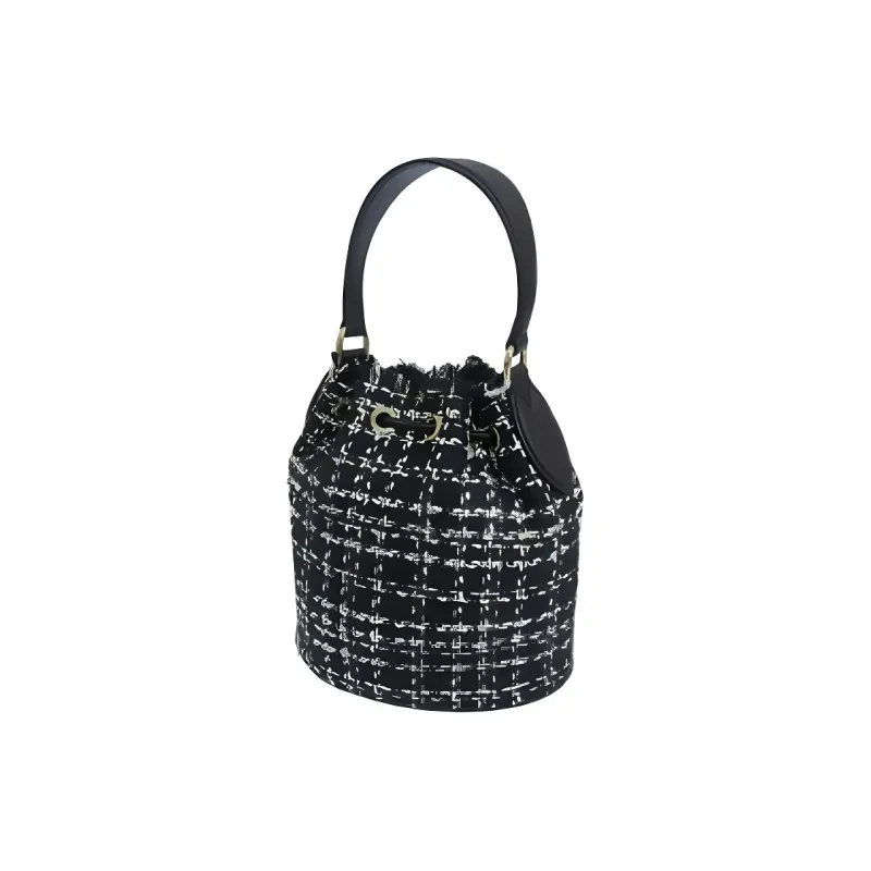 Furla Tweed With Leather Bucket Bag Handbag Mini Women's Black-3
