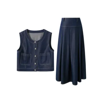 3COLOUR Casual Suits Women's Clothing Set Navy Blue Vest+Skirt