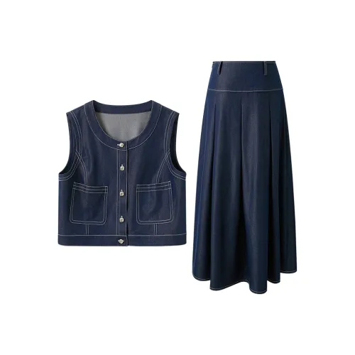 3COLOUR Casual Suits Women's Clothing Set Navy Blue Vest+Skirt