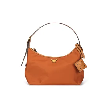 MCM Aren Recycled Nylon Hobo Bag, One Shoulder Handbag Trumpets Women's Cognac Brandy