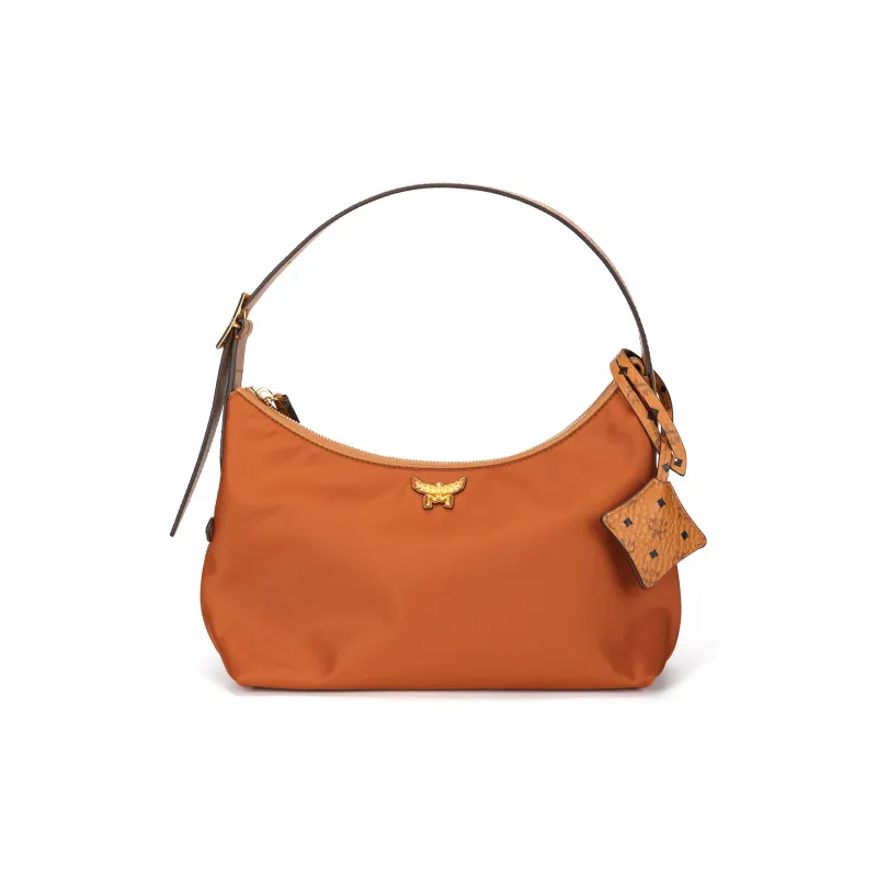 MCM Aren Recycled Nylon Hobo Bag, One Shoulder Handbag Trumpets Women's Cognac Brandy-0
