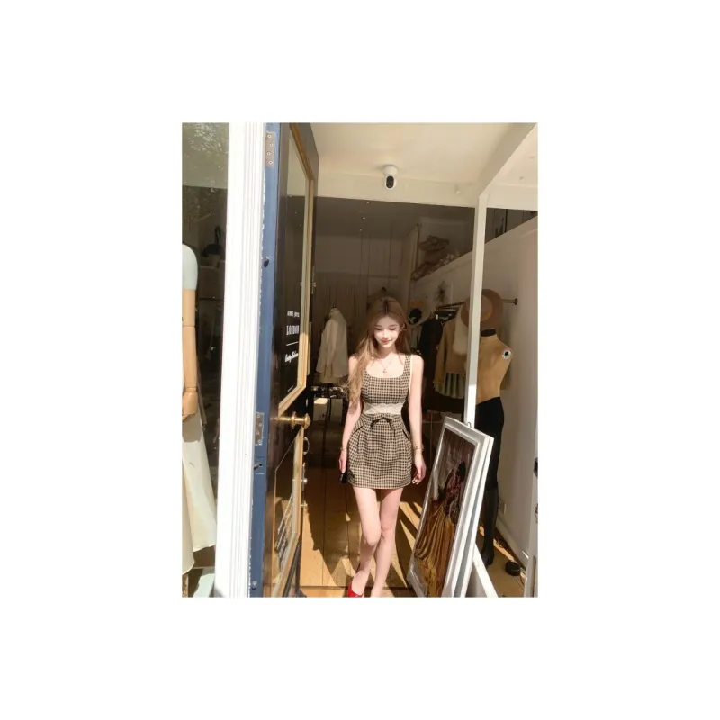 PZGE Slip Dresses Women's Coffee Plaid Patchwork Skirt-3