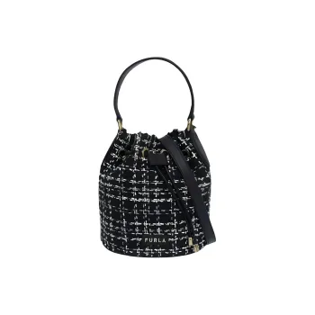Furla Tweed With Leather Bucket Bag Handbag Mini Women's Black