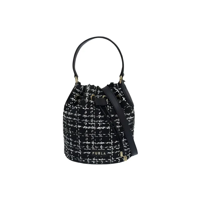 Furla Tweed With Leather Bucket Bag Handbag Mini Women's Black-0