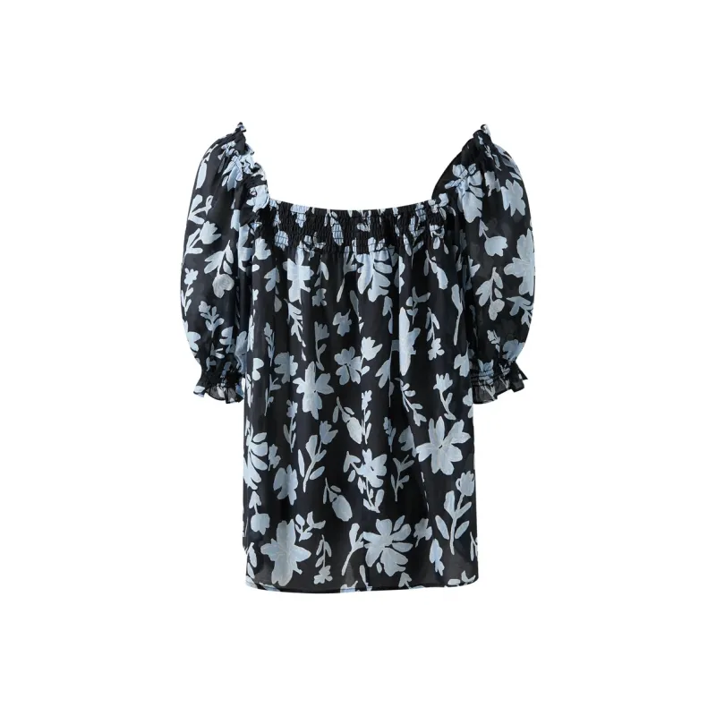 3COLOUR Chiffon Shirts Women's Haze Blue Floral-1