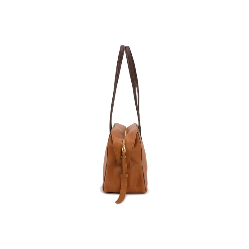 Clos Fog Wax Vegetable Tanned Top Grain Cow Leather Boston Bag, Shoulder Bag Medium Size Women's Apricot/Green-1