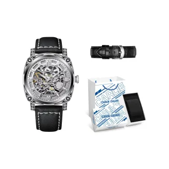 CARLIECULLEN Automatic Mechanical Movement Genuine Leather Strap Watch Men's Watches Gray Dial