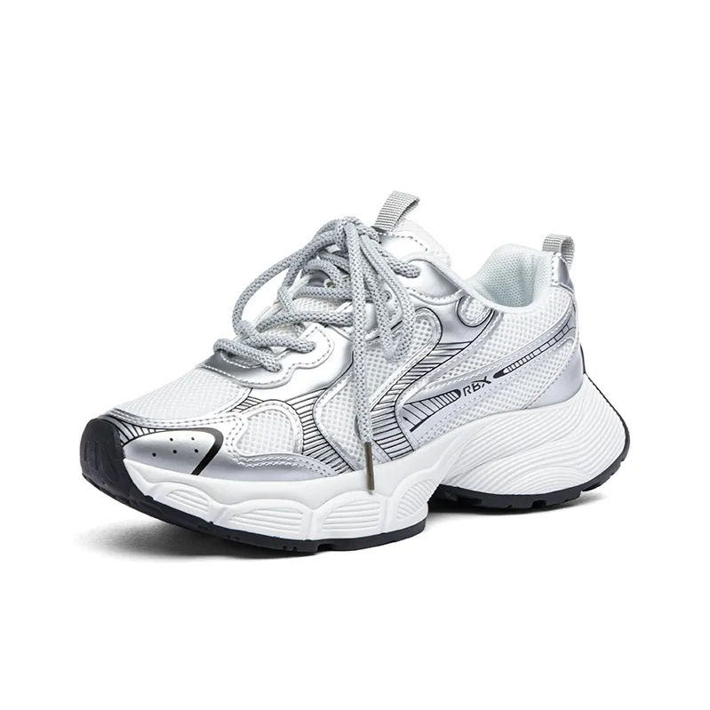 RENBEN Slip Resistant Breathable Abrasion Resistant Low Top Chunky Sneakers Women's Beige Silver-1