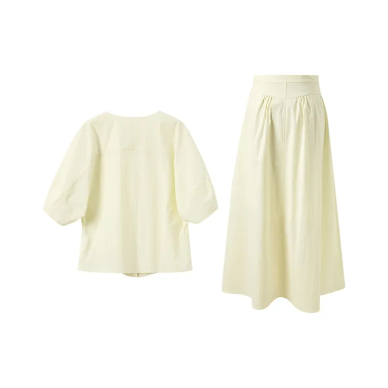 3COLOUR Casual Suits Women's Clothing Set Light Yellow Top+Skirt-1