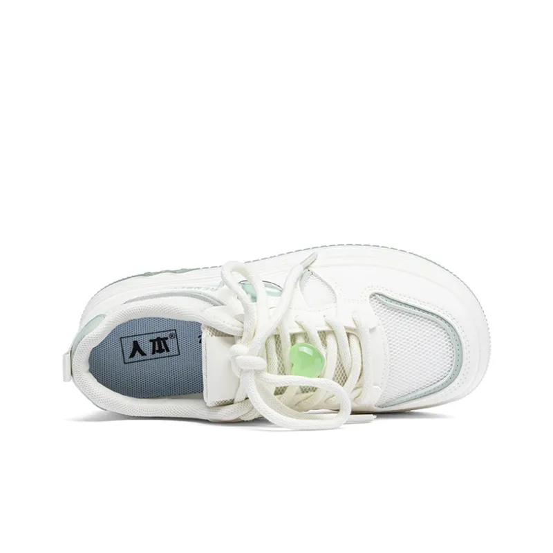 RENBEN Anti Slip Wear Resistant Low Top Skateboard Shoes Women's White Green-3