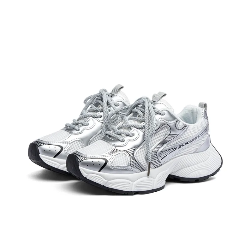 RENBEN Slip Resistant Breathable Abrasion Resistant Low Top Chunky Sneakers Women's Beige Silver-2