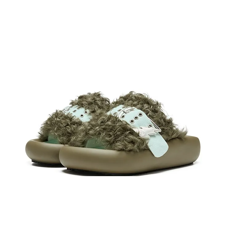 XMZY Initial Round Collection Leather Patchwork Abrasion Resistant Slide Slippers Women's-13