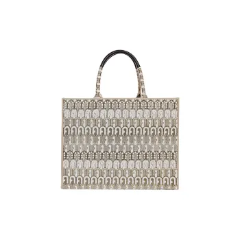Furla Opportunity Jacquard Fabric Tote Bag Shopping Bag Shoulder Bag Handbag Large Size Women's Light Beige