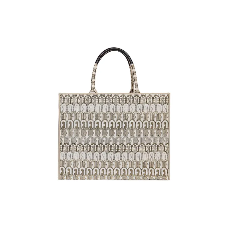 Furla Opportunity Jacquard Fabric Tote Bag Shopping Bag Shoulder Bag Handbag Large Size Women's Light Beige-0