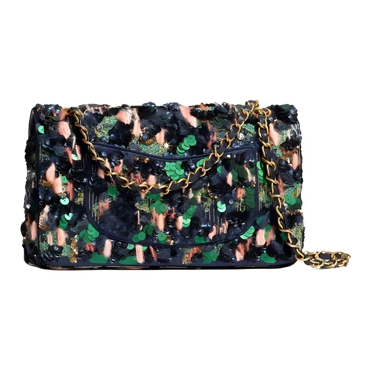 CHANEL Classic Flap CF Silk Satin Wool With Metallic Beads Shoulder Bag, Crossbody Bag Women's Blue/Green/Pink-1