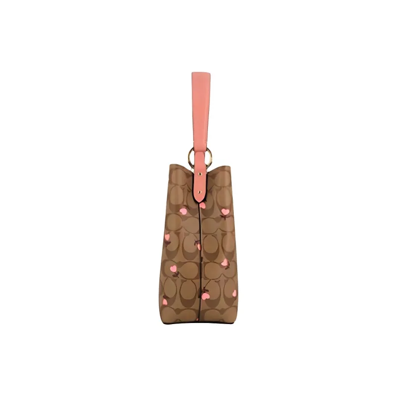 COACH Town Canvas With Leather Shoulder Bag, Crossbody Bag, Handbag Trumpets Women's Brown Cherry Blossom Pink-2