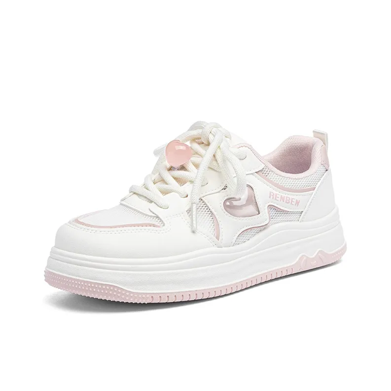 RENBEN Anti Slip Wear Resistant Low Top Skateboard Shoes Women's Pink White-1