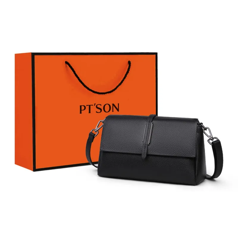 PT'SON Cow Leather Portable Crossbody Bag, Shoulder Bag Regular Women's Black-0