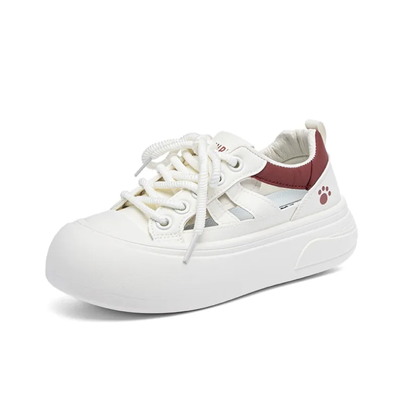 RENBEN Anti Slip Wear Resistant Low Top Skateboard Shoes Women's Beige Burgundy-1